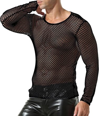 Чоловіча сітчаста футболка QiaTi з довгим рукавом, прозора, мереживна, чорна