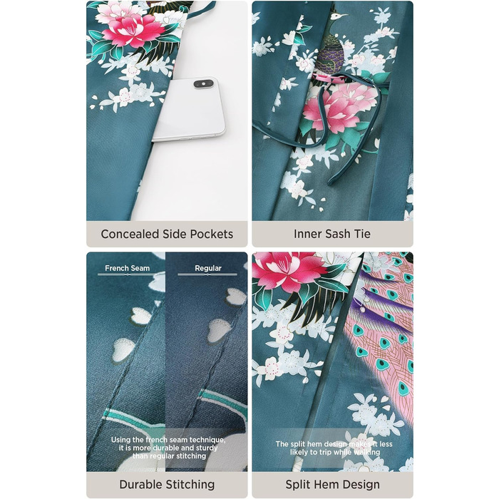 Халат жіночий BABEYOND з довгим рукавом, шовковий сатин, кімоно з принтом павича, довгий халат, піжама для вечірки, універсальний розмір, білий (універсальний розмір, чорно-синій)