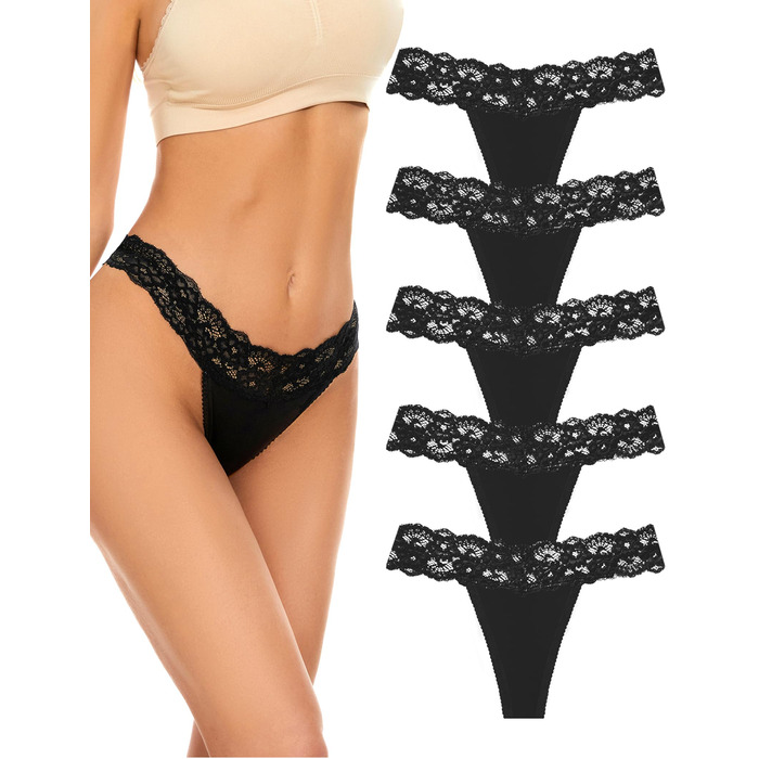 Танга жіночі бавовняні безшовні, мереживні, 5 шт. в наборі, чорний (VOENXE)