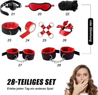 Набір для БДСМ: кайдани, анальний плаг, петиша, маска для очей, набір 28 шт. (червоний)
