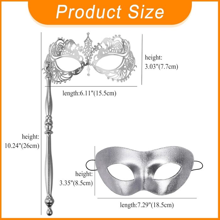 Венеціанська маска для пари JewelryWe з держаком, металева маска з кристалами Swarovski для карнавалу, Хелловіну, вечірки-маскараду (срібна)