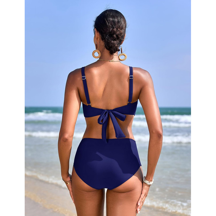 Бікіні жіночий комплект з високою талією, суцільний купальник push-up, двокомпонентний, з V-подібним вирізом, пляжна мода, бікіні для жінок (темно-синій, S)