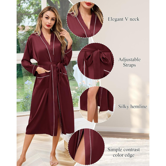 Жіночий атласний халат довгий, баня халат, кімоно, легкий, весільний, м'який, для вечірки, нічна сорочка, V-подібний виріз, S-X (XL, пурпурно-червоний)