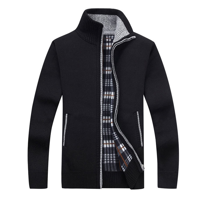 Чоловічий трикотажний кардиган на блискавці Slim Fit, теплий светр-жакет зі стійким коміром та кишенями, чорний (M)
