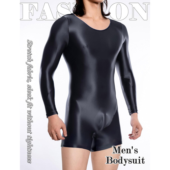 Чоловічий боді з прозорої тканини з довгими рукавами, бікіні-сліп, еластичний боді, глянцевий, шовковистий, комбінезон, чорний, XL