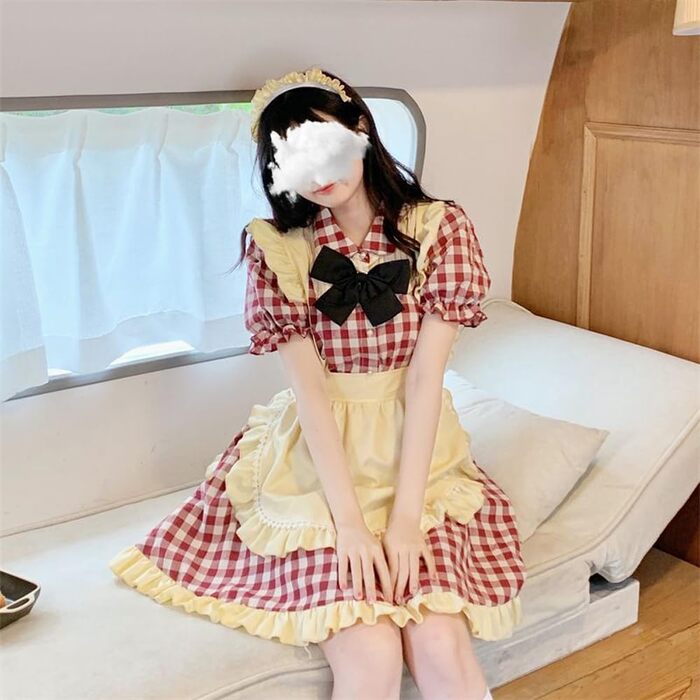 Сукня Лоліта в клітинку TTYAO REII з нагрудником, Короткий рукав, Костюм для косплею, Сукня для Хелловін, XXL, Темно-червоний, Бежевий