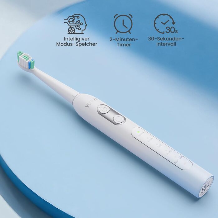 Електрична сонічна зубна щітка YUNCHI C2 для дорослих, 40000 вібрацій/хв, 5 режимів чищення, USB-C зарядка, 8 насадок, таймер на 2 хв, дорожній футляр (блакитно-білий градієнт)