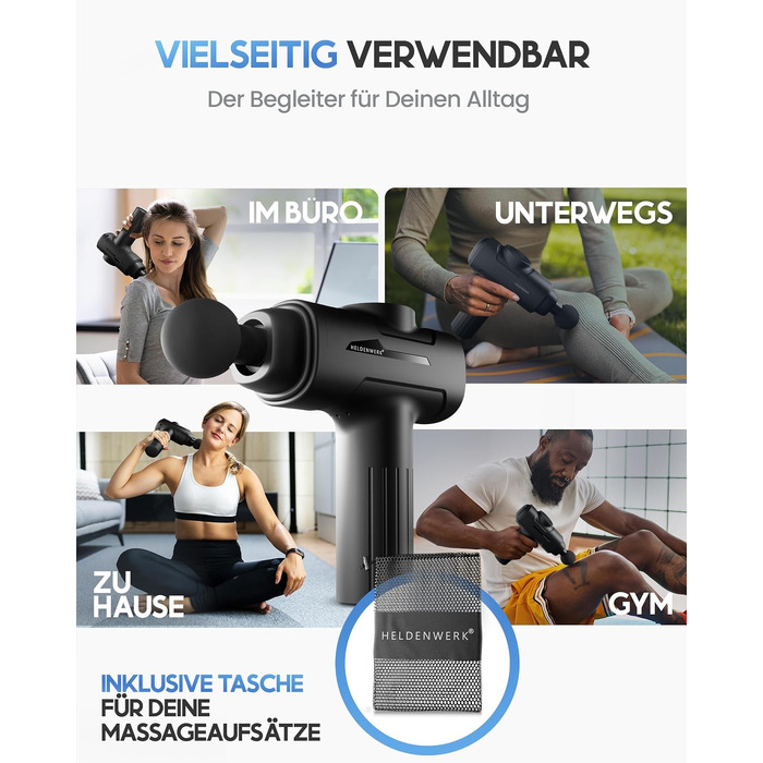 Міні-перкусійний масажер HELDENWERK® Massagepistole Mini з 6 насадками, безшумний ручний масажер для тіла, темно-сірий