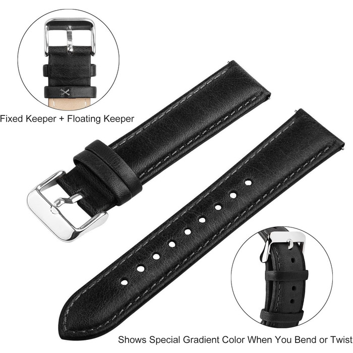 Шкіряний ремінець Fullmosa 22 мм для Samsung Galaxy Watch 46 мм, Galaxy Watch 3 45 мм, Gear S3 Frontier/Classic, чорний колір, срібляста застібка