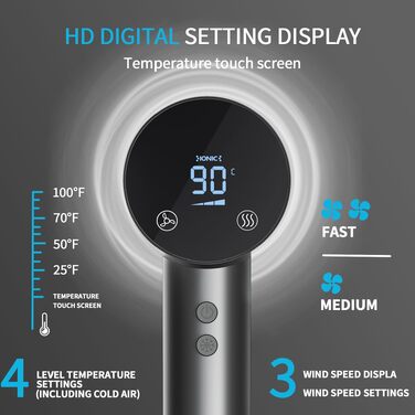 Іонний фен для сушіння волосся 1500W з тачскріном, дифузором та HD-дисплеєм, 4 температурні та 3 швидкісні режими, Dark Grey