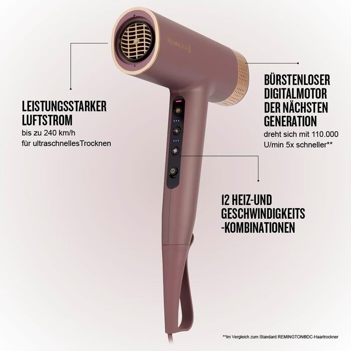 Фен для волосся Remington AIRvive EC8930 з безщітковим цифровим двигуном, іонною технологією та анти-фриз ефектом, 12 рівнів налаштувань, дифузор та насадка для стайлінгу