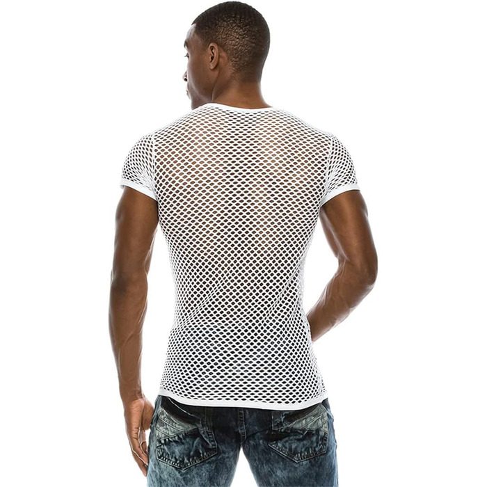 Чоловіча сітчаста футболка з прозорим дизайном, стильна, сексуальна, з короткими рукавами, для нічного клубу, вечірки, вуличної моди. Білий колір.