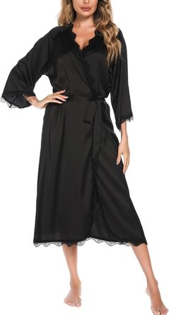 Шовковий халат Aranmei для жінок: довгий, з V-подібним вирізом, 3/4 рукава, нічний халат, халат для сну, кімоно, чорний, з мереживом