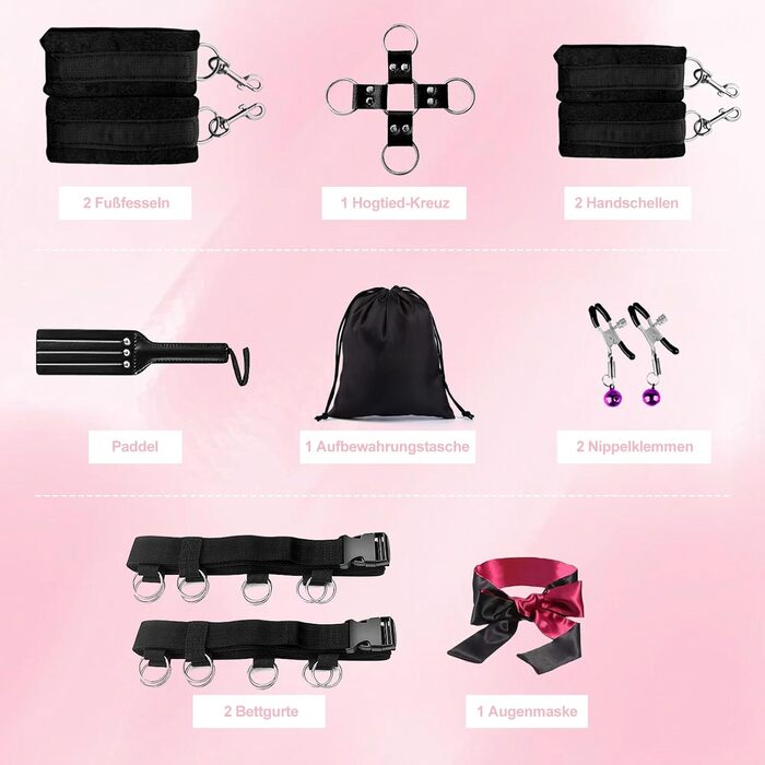 Набір для БДСМ Bett Fesseln: Фетіш-іграшки для пар з наручниками, кайданами, пов'язкою на очі та клямками. Стабільний набір для сексуальних ігор