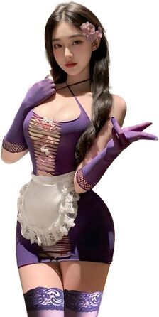 Сукня-сітка JasmyGirls для жінок у стилі французької служниці, комплект з панчохами, фартухом та рукавичками (фіолетовий, XS-XL)