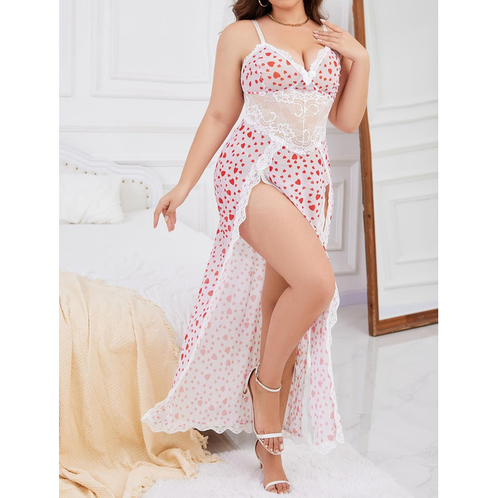 Babydoll для жінок Alrovetoney: мереживна піжама-сорочка з розрізами, біле серце, XL