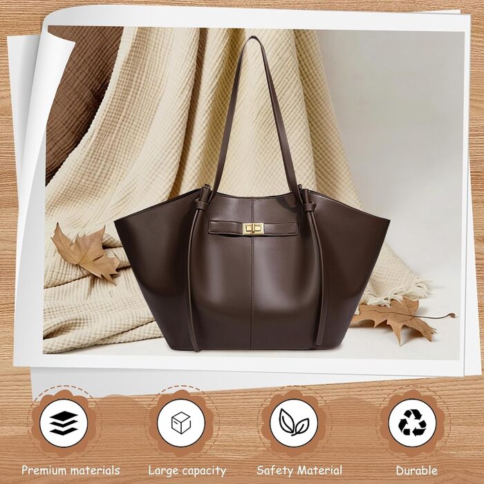 Жіноча сумка-шопер великого розміру Tote Bag, шкіряна сумка на плече з від’ємним ременем, вінтажна сумка для роботи, офісу та подорожей (коричнева)