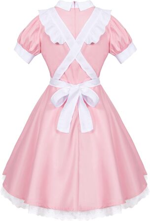 Костюм для косплею в стилі Аніме Лоліта, Французька служниця, Комплект з 6 предметів (Спідниця, рукавички, головний убір, шкарпетки), Синій (S, Рожево-червоний)