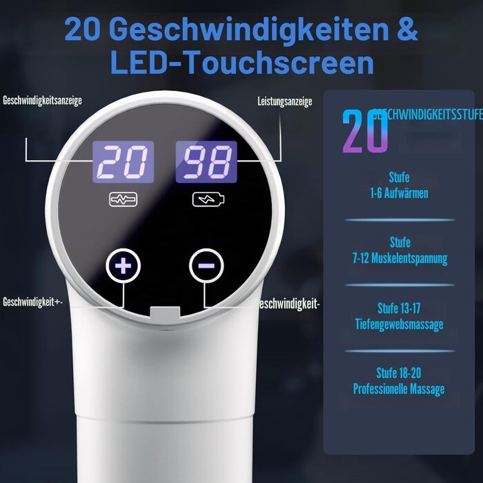 Перкусійний масажер Massage Gun з LED-екраном, електричний масажний пістолет для м'язів (20 швидкостей, 9 насадок, білий)