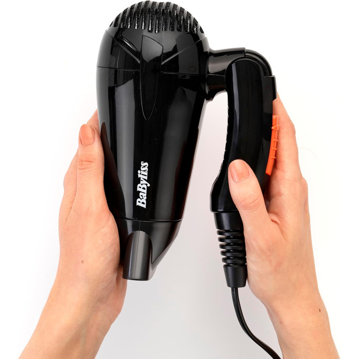 Складаний дорожній фен BaByliss Travel Folding 2000W з універсальною напругою, 2 режими температури та швидкості, чорний/помаранчевий, 5334E