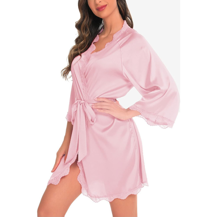 Легкий халат Aranmei для жінок з атласу, короткий, з V-подібним вирізом, 3/4 рукав, халат для нареченої/дуже близької подруги нареченої, з поясом, шовковий кімоно, нічна сорочка, розмір M, світло-рожевий