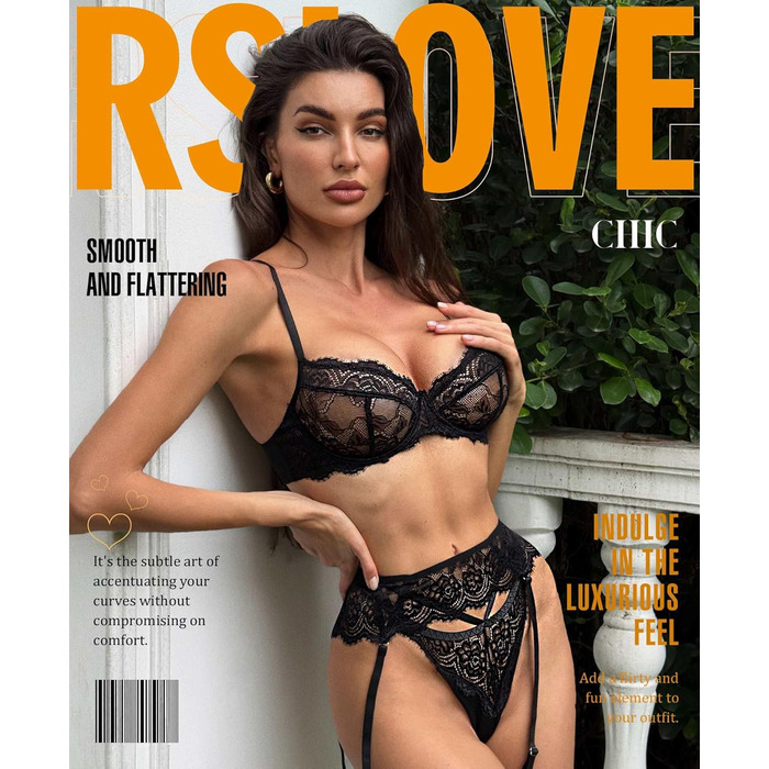 Набір жіночої білизни RSLOVE: мереживний комплект з бюстгальтером, трусиками та мереживною накидками, чорний, розмір XXL