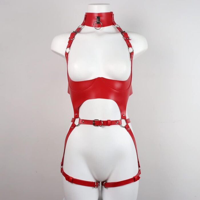 Жіночий шкіряний корсет-нагрудник ALMYMM: сексуальний аксесуар для Cosplay, вечірок та клубів. Нагрудник-збруя, пов'язки на стегна, ланцюги, SM-іграшки, червоний колір