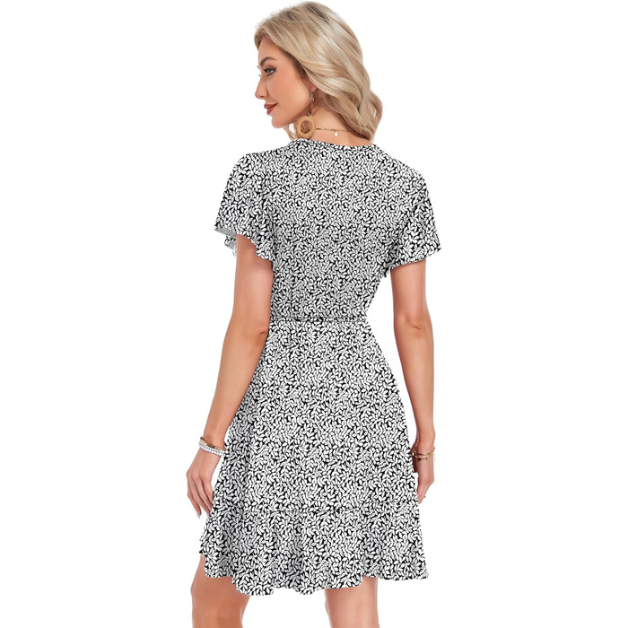 Сукня Soerkleid Daen V-подібний виріз, з запахом, висока талія, пляжна, легка, літня, чорно-біла в листя, розмір M