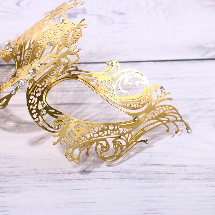 Венеціанська маска JewelryWe з держаком для жінок, металева маска з стразами для маскараду, аксесуар для костюма на Хелловін, карнавал, вечірку, бал (Золота)