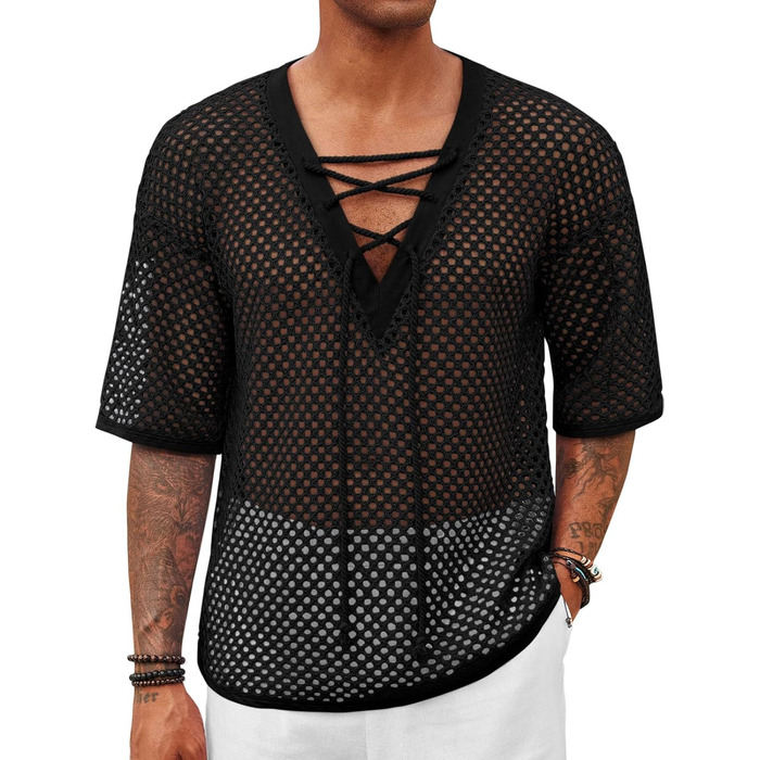 Чоловіча літня сорочка Runcati, шнурівка, V-подібний виріз, напіврукав, в'язана, мереживна, прозора, чорна, розмір L