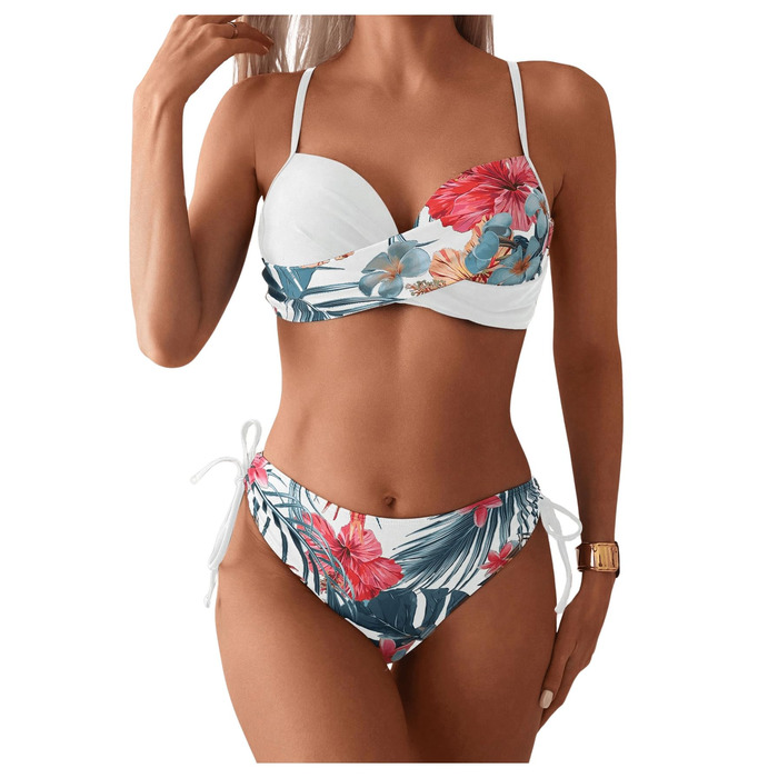 Бікіні GORGLLITTER жіноче з пуш-ап, двочастинний купальник, тропічний стиль, пляжна мода, комплект з 2 штук, літній, з принтом (білий, S)