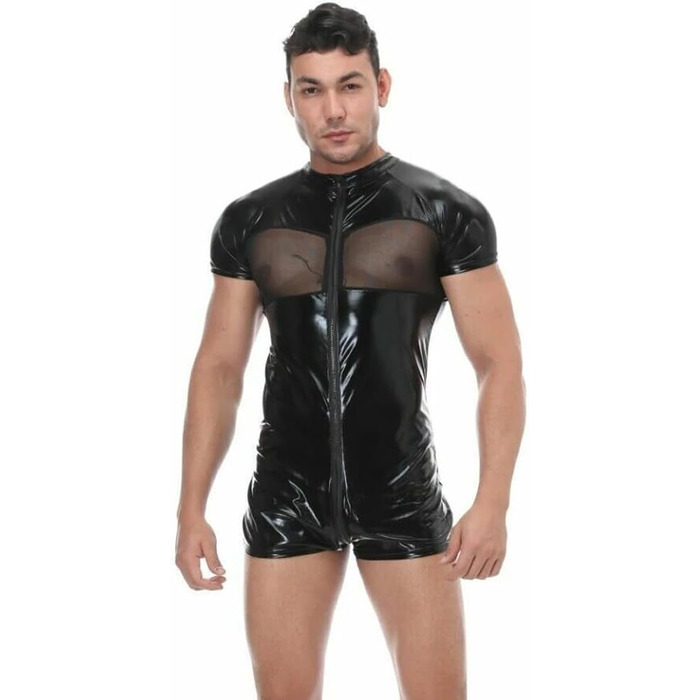 Боді чоловіче лаковане шкіряне, облягаюче, з мережею. Сексуальна білизна, комбінезон, мускульний, XXL