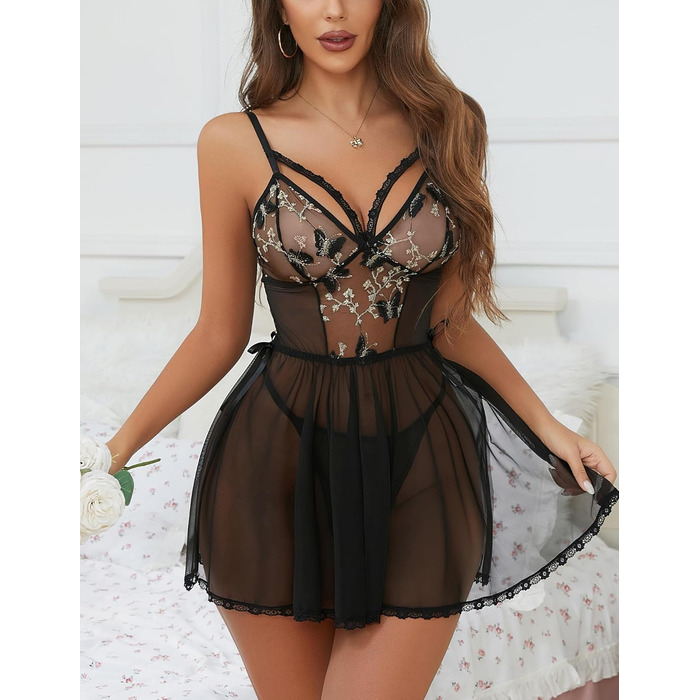 Жіноча мереживна піжама-бабідол Aranmei exy Lingerie, мереживний комплект, нічна сорочка, тіло, чорний колір, розмір L