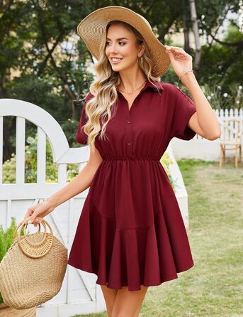 Сукня Beluring Bluenkleid жіноча літня коротка з V-подібним вирізом, червона (S) з кишенями та ґудзиками