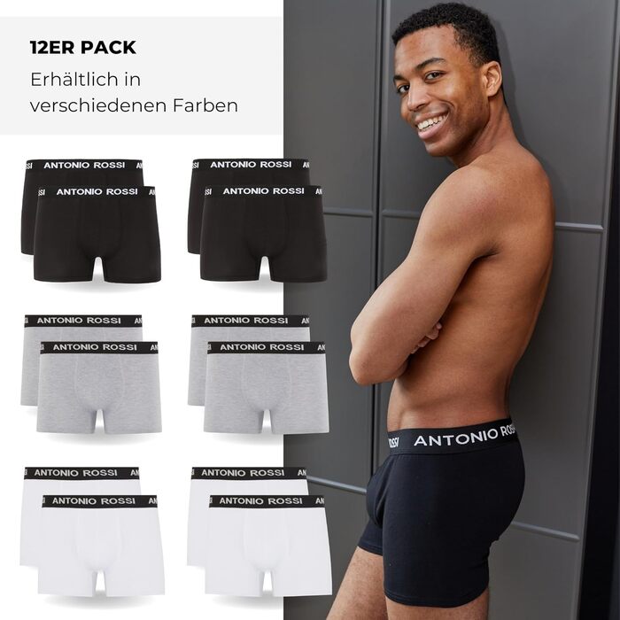 Боксерки чоловічі Antonio Rossi (12 шт.) - Multipack, чорний, сірий, білий, еластичний пояс