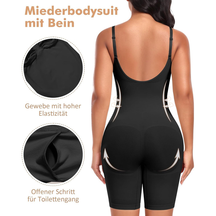 Коригуючий боді для жінок Werena Shapewear — безшовний утягуючий одяг для живота та стегон, формуючий боді-шорти з регульованими бретелями, чорний, розмір L