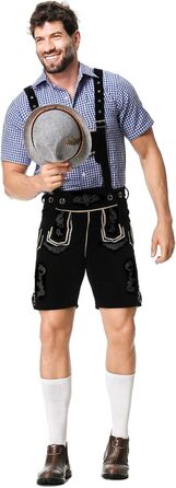Традиційний костюм для чоловіків RUAOZIA: повний комплект Lederhose, сорочка в керамічну клітинку, для Октоберфесту та тематичних вечірок (чорний, L)