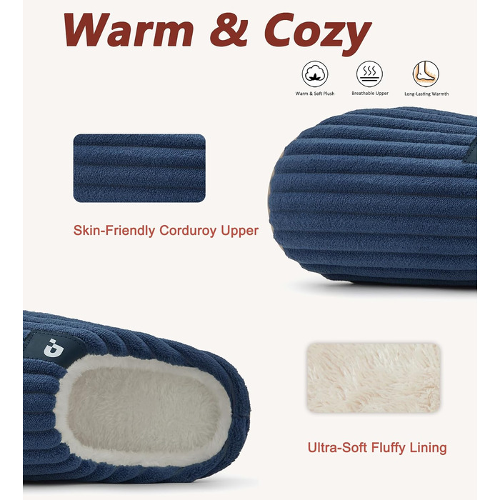 Зимові теплі капці Coswind для жінок та чоловіків з ефектом пам'яті (Memory Foam), вельветові пантофлі, темно-сині, розмір 44/45 EU
