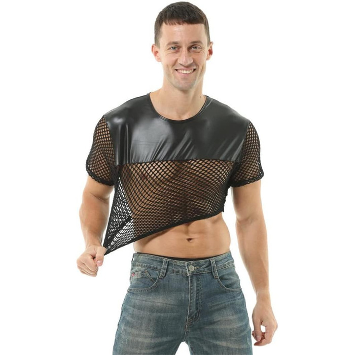 Чоловіча футболка з сітки та штучної шкіри - прозора, стильна