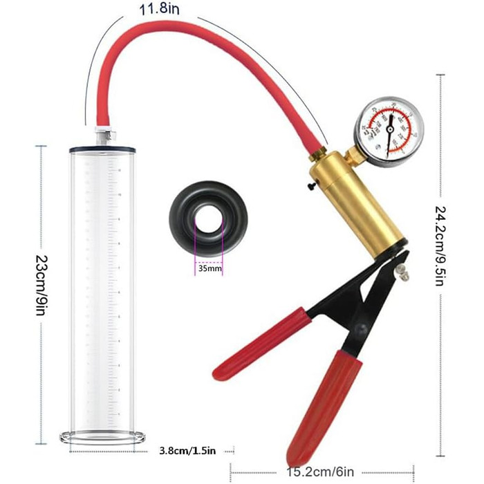 Ручна помпа для збільшення пеніса з манометром та металевою ручкою – вакуумна помпа для збільшення, покращення ерекції та тренування витривалості, прозора помпа для чоловіків (23 * 6.4cm) (23*3.8cm)