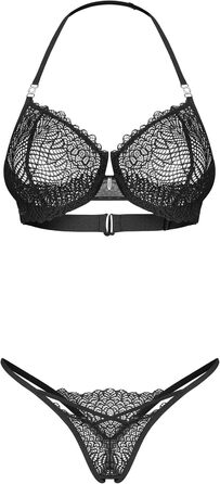Сексуальний жіночий комплект білизни Selente Love & Fun (4-5 частин): бюстгальтер, корсетний пояс, мереживні панчохи, танга, маска для очей з атласу. Розміри XXL-3XL, чорний з квітковою мережею, бюстгальтер на зав'язках, Made in EU