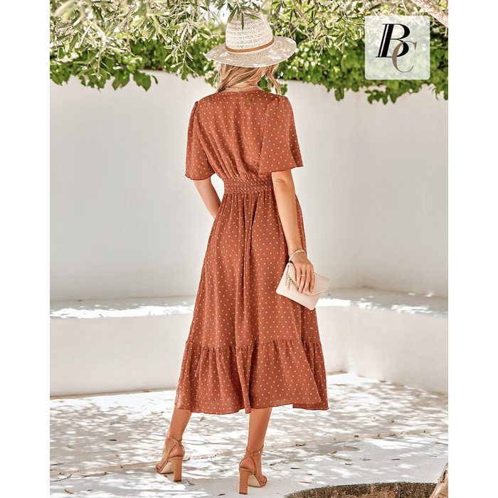 Сукня літня жіноча BebreezChic Boho елегантна довга з V-вирізом, висока талія, швейцарська сітка, з квітковим принтом, пляжна максі-сукня XL карамельного кольору