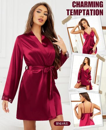 Комплект ніжної піжами RSLOVE Daen Satin з мереживом: халат та трусики (бордовий, L)