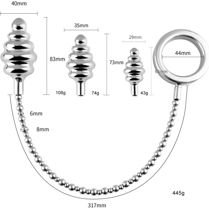 Набір металевих анальних розширювачів AMZABEE: 3 шт. (анальний плагін, ковпачок, ланцюжок) для BDSM, з нержавіючої сталі, спіральний та гладкий