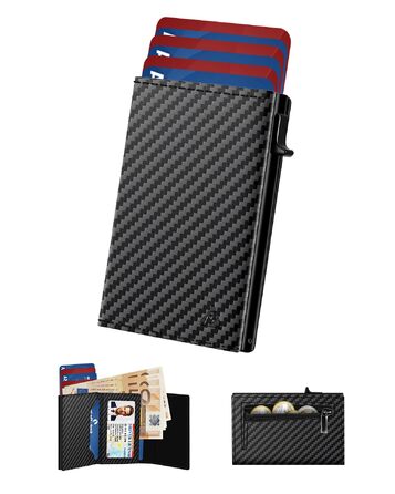 Чоловічий шкіряний картхолдер dwnkove Slim Wallet: смарт-гаманець з Pop-Up механізмом, RFID захистом, відділенням для монет та вікном для ID, Carbon Design
