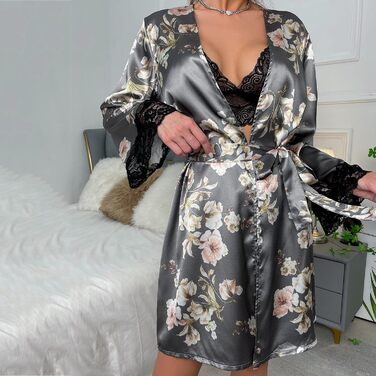 Світшот з фротте, сатиновий халат, піжама, нічна сорочка, кімоно, халат для душу, даний з поясом (сірий, S)