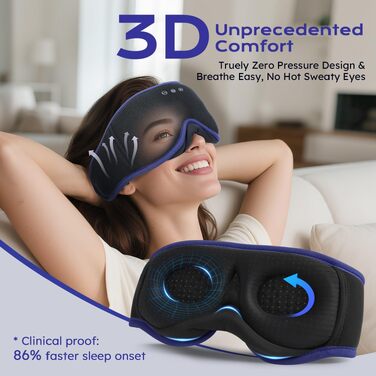 Маска для сну з Bluetooth-навушниками LC-dolida V5.4, дихаюча 3D маска для очей з мікрофоном, бавовняна мийна пов'язка для сну, подорожей та медитації (Ultramarin)