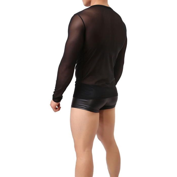 Чоловіча прозора чорна майка з довгим рукавом - нічна сорочка, сексуальна білизна, обтисла футболка з еластичних волокон, чорна майка-сітка L-XL