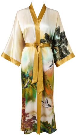 Шовковий халат-кімоно Ledamon для жінок, довгий, 100% шовк, класичний квітковий халат-піжама (універсальний розмір, пейзаж осінь)