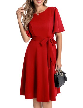 Елегантна жіноча сукня міді Bboninedress для коктейлів та вечірок, червона сукня з коротким рукавом та поясом для весіль та свят (XL, червоний)